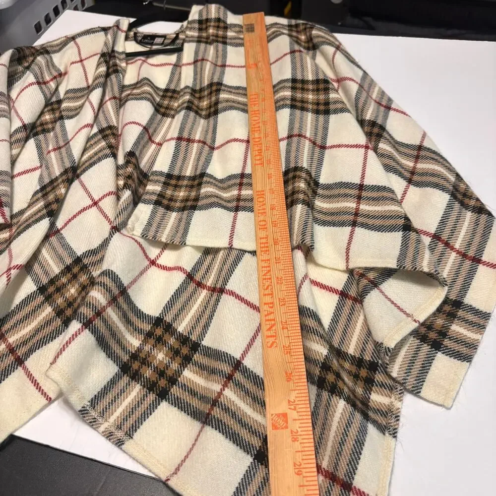 V. Fraas Plaid Ruana Poncho Wrap Shawl Ivory Tan Burgundy One Size - Picture 5 of 5